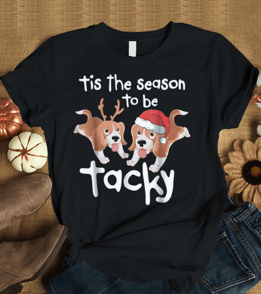 Tis the Season To Be Tacky with Festive Papillion Reindeer and Santa Dogs T-Shirt