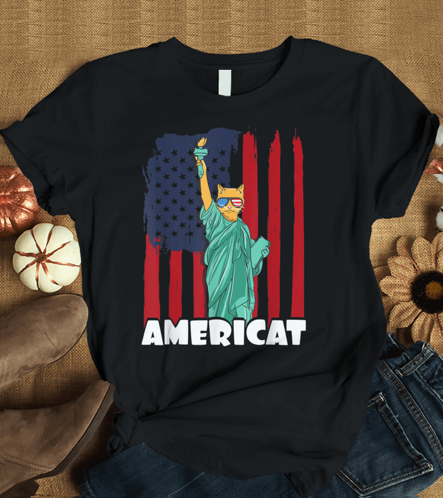 Americat Funny 4th of July Independence Statue of Liberty Cat with American Flag and Sunglasses T-Shirt