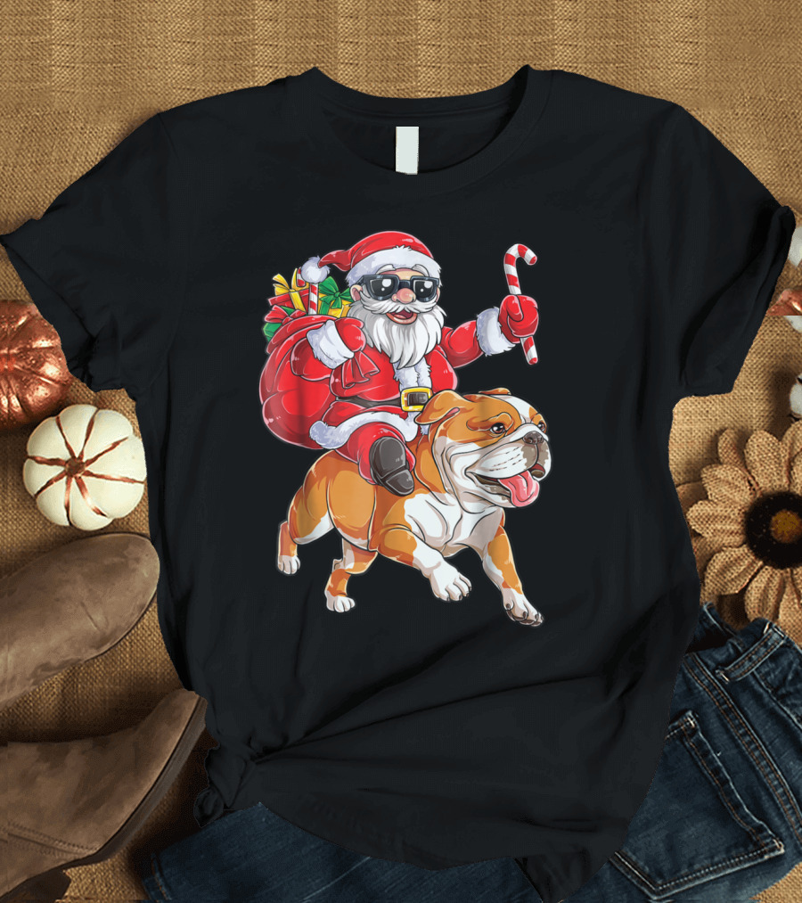 Santa Claus Riding English Bulldog with Candy Cane and Presents T-Shirt