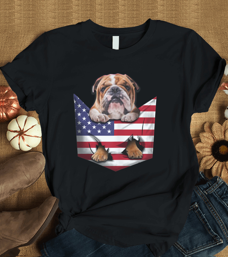 English Bulldog Peeking Out of American Flag Pocket T-Shirt