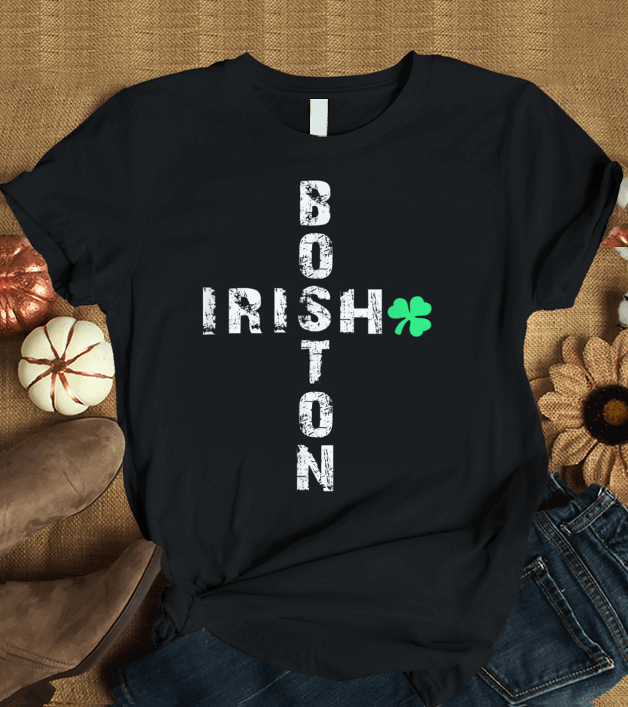 Boston Irish Shamrock Vertical and Horizontal Text T-Shirt