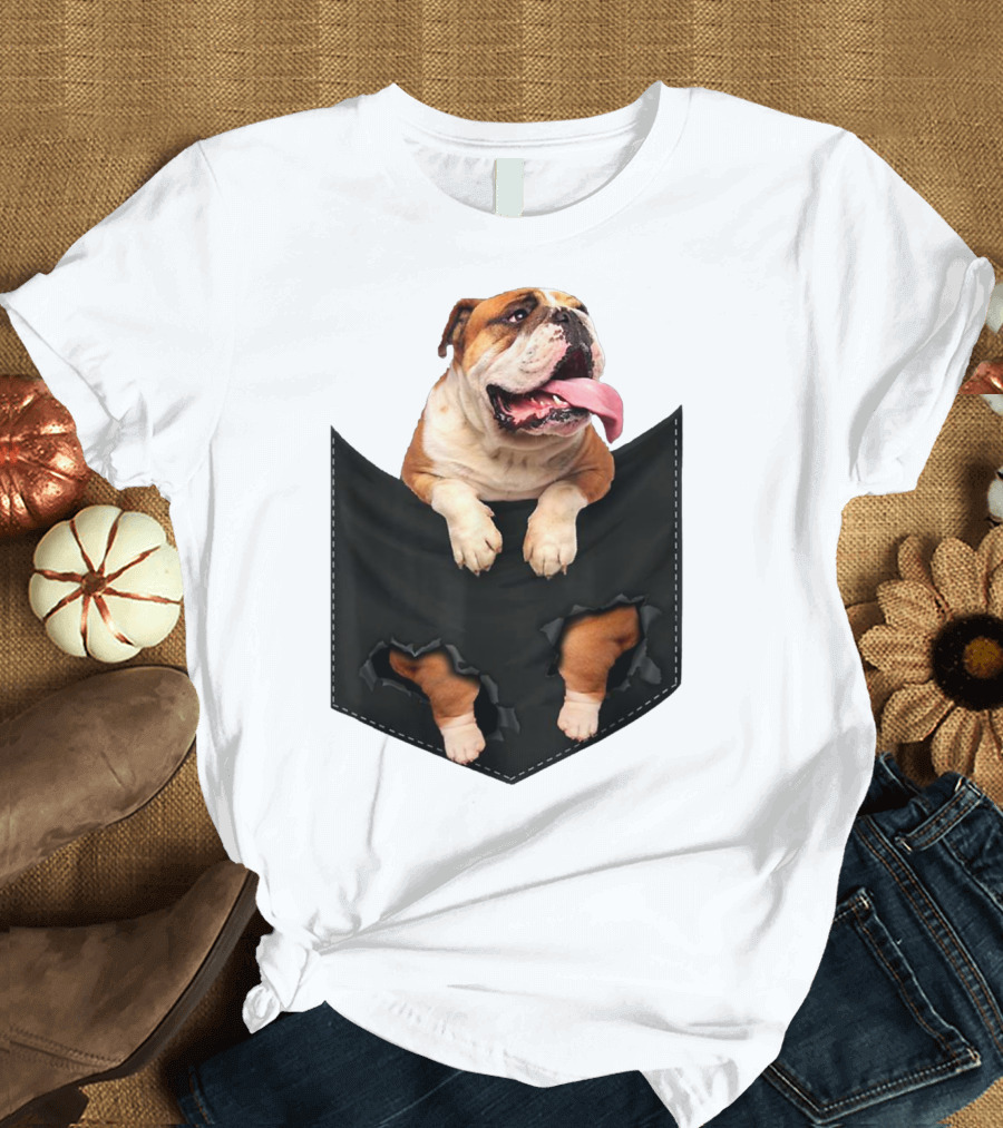 English Bulldog Breaking Through Pocket Mid T-Shirt