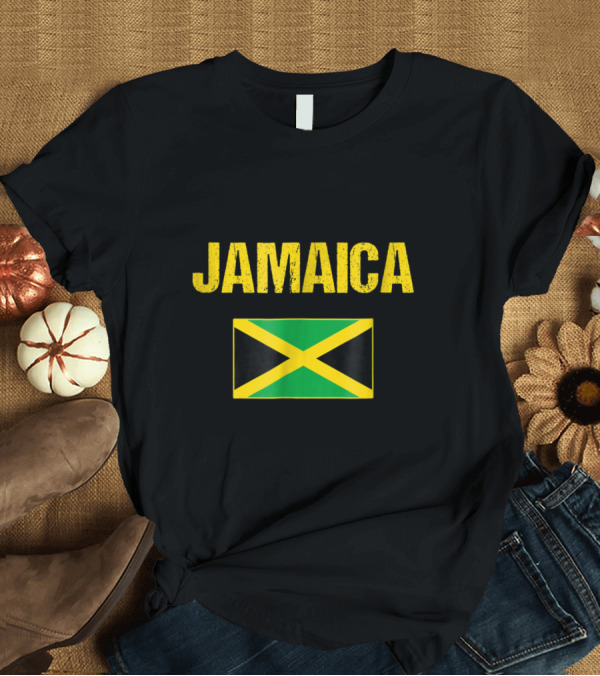 T-Shirt: Jamaica Jamaican Flag Textured Yellow Font T-Shirt Jamaica Jamaican Flag Textured Yellow Font T-Shirt