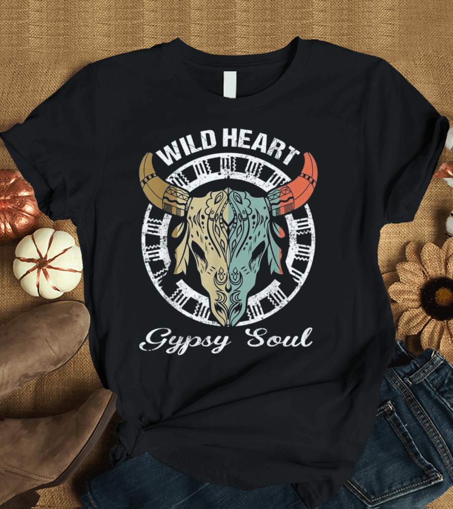 Wild Heart Gypsy Soul Colorful BoHo Cow Skull T-Shirt