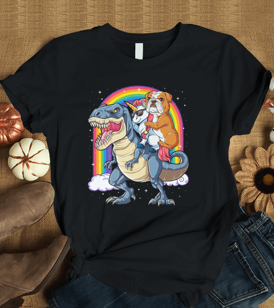 English Bulldog Riding Unicorn on Dinosaur with Rainbow in Background T-Shirt