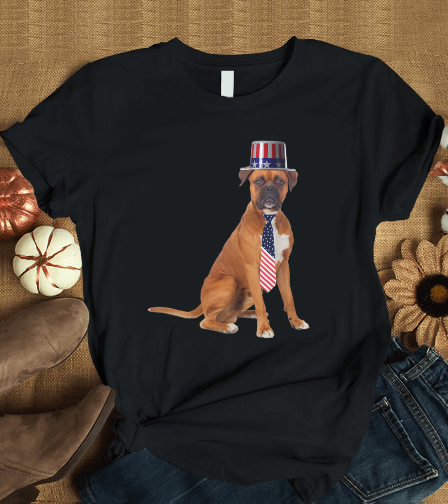 Boxer Dog with Patriotic 4th of July Top Hat and American Flag Tie T-Shirt