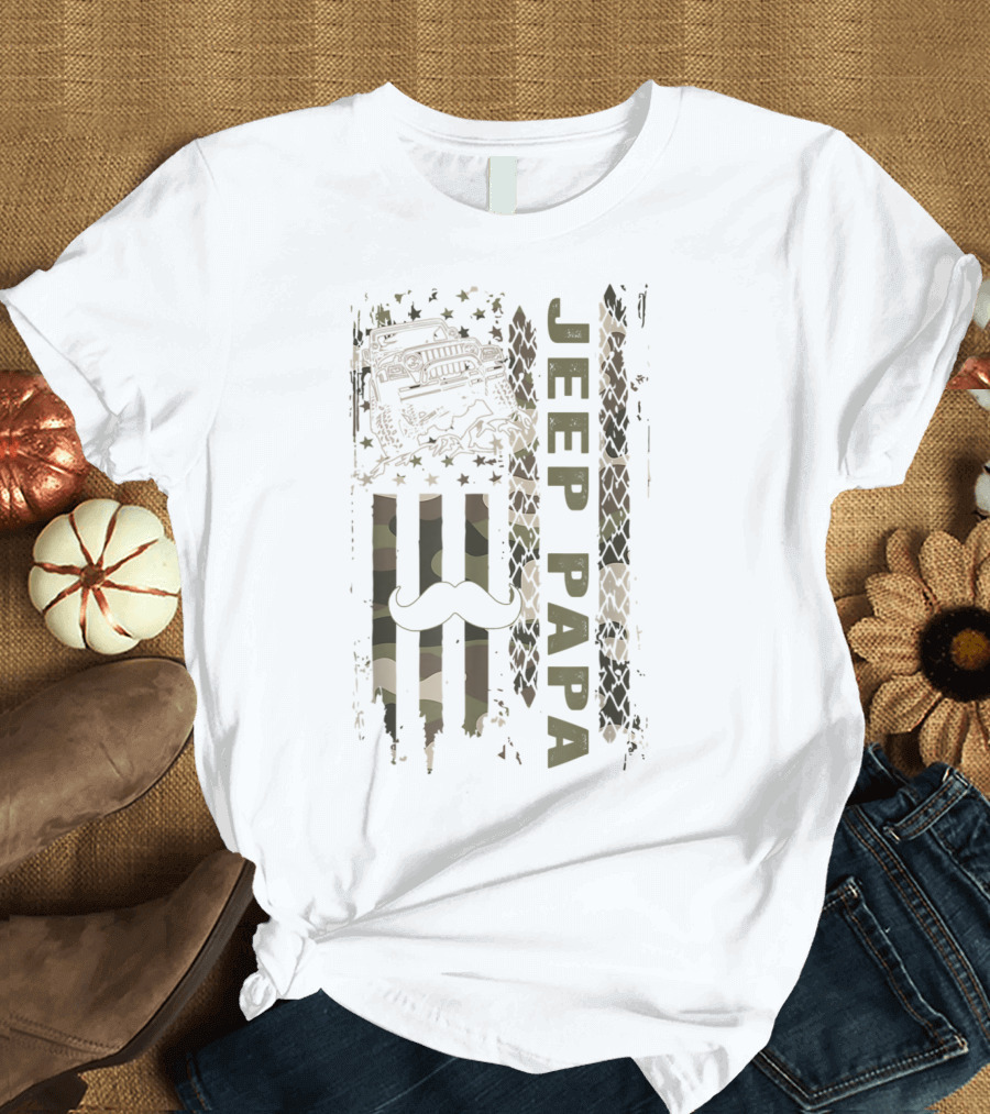 Jeeps and Mustache on Camo American Flag Jeep Papa Dad T-Shirt