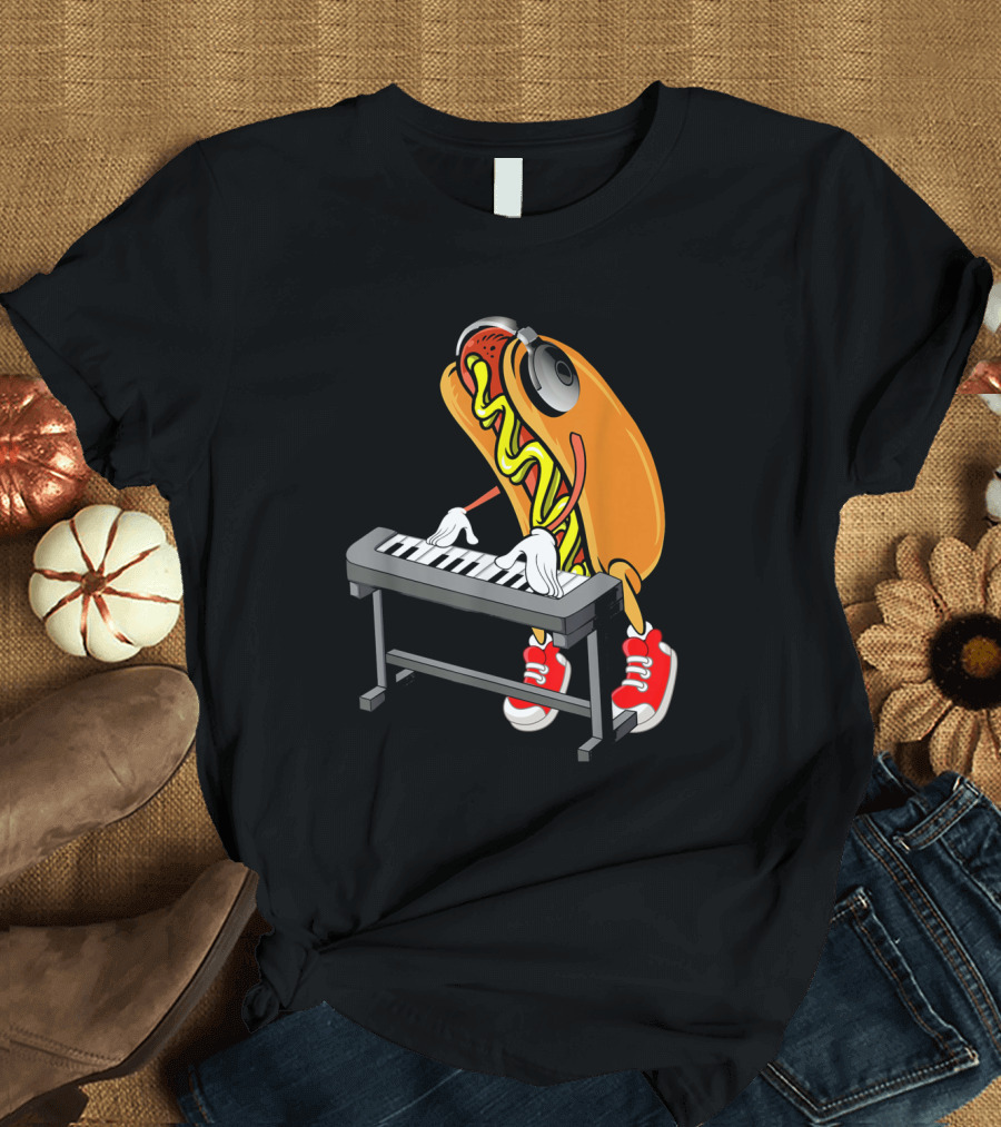 Hot Dog Playing Keyboard with Headphones and Red Sneakers T-Shirt