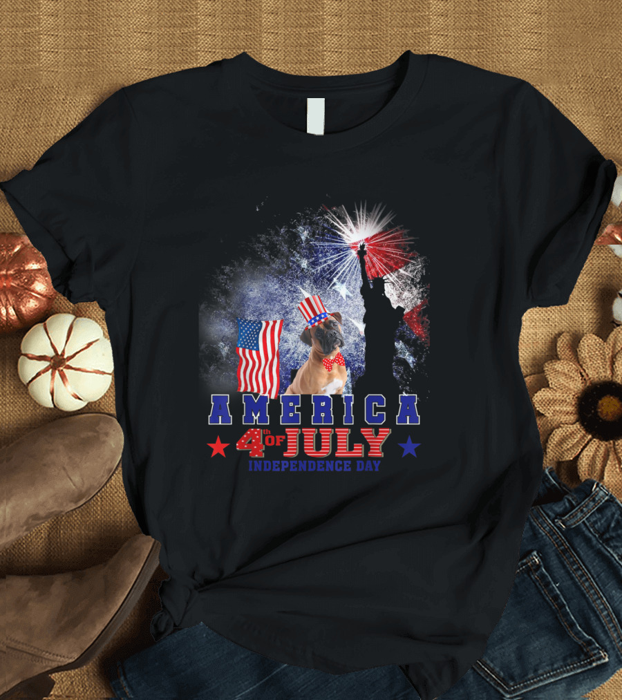 Boxer Dog in Patriotic Hat with American Flags and Statue of Liberty 4th of July Independence Day T-Shirt