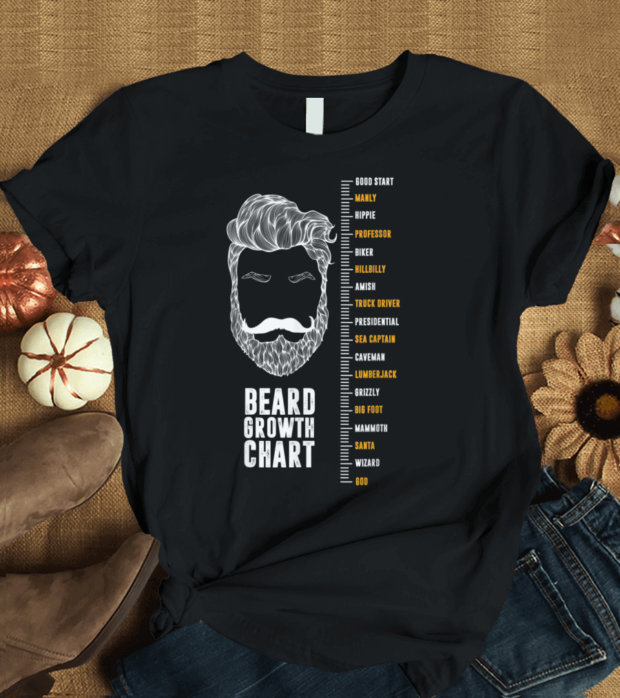 Beard Growth Chart Featuring Manly Hippie Professor Biker Hillbilly Levels Santa Wizard God T-Shirt