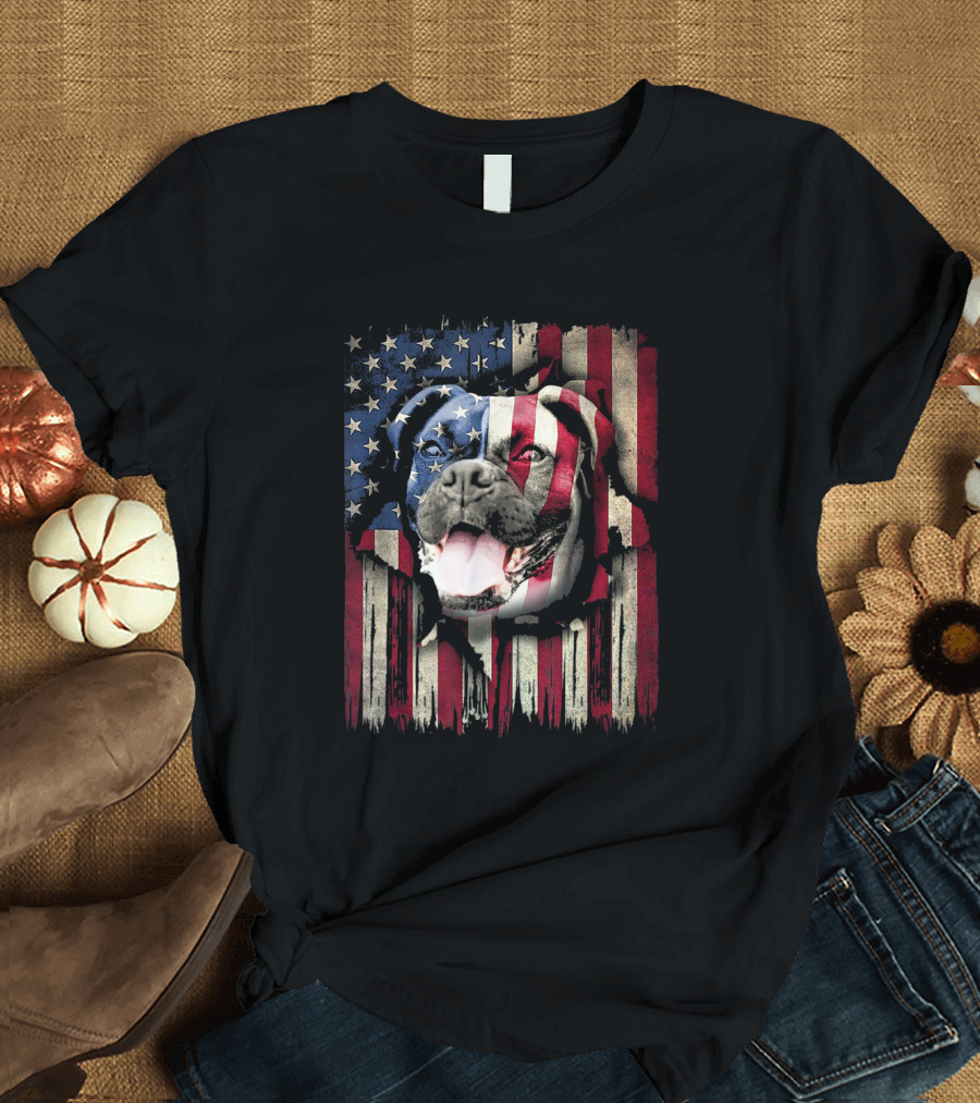 Boxer Dog Head with American Flag Fourth of July T-Shirt