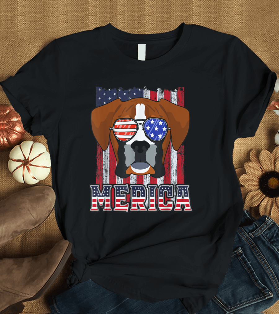 Boxer Dog American Flag Sunglasses Merica 4th of July Patriotic T-Shirt