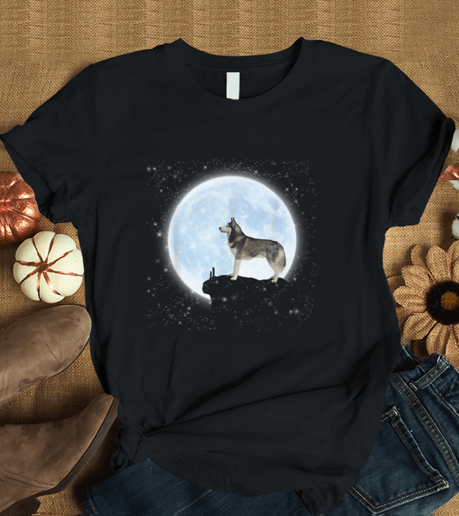 Moonlit Husky Dog Howling at Full Moon Parody Wolf Scene T-Shirt