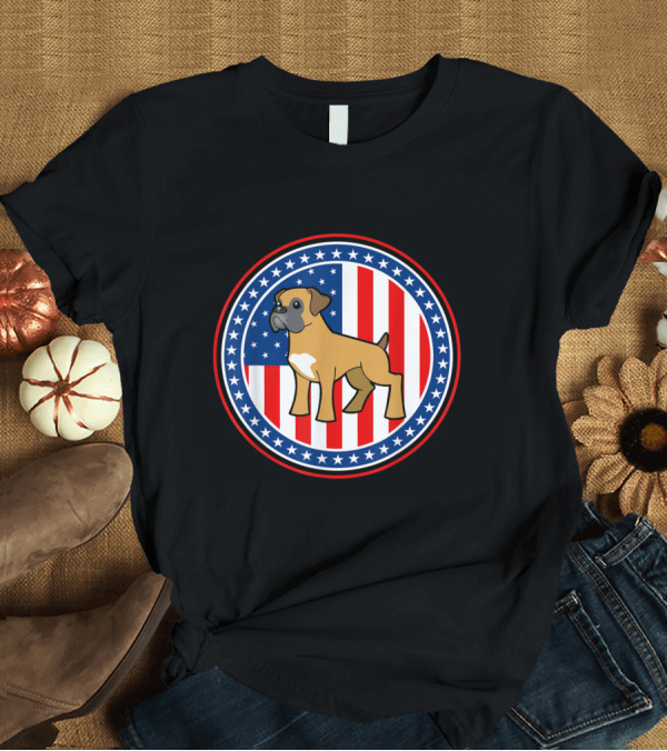 T-Shirt: Boxer Dog American Flag 4th of July Stars and Stripes Circular Emblem T-Shirt Boxer Dog American Flag 4th of July Stars and Stripes Circular Emblem T-Shirt