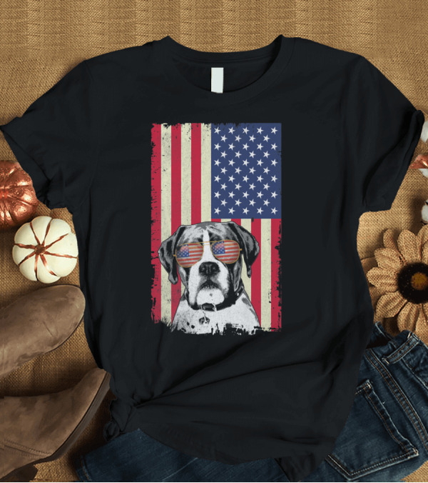 T-Shirt: Boxer Dog with American Flag Sunglasses in Front of American Flag T-Shirt Boxer Dog with American Flag Sunglasses in Front of American Flag T-Shirt