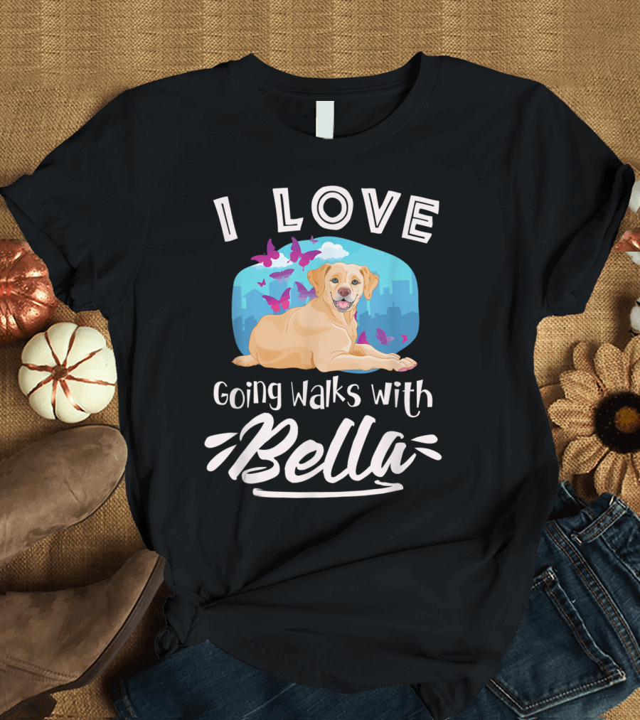 I Love Going Walks With Bella Dog City Skyline Butterflies T-Shirt