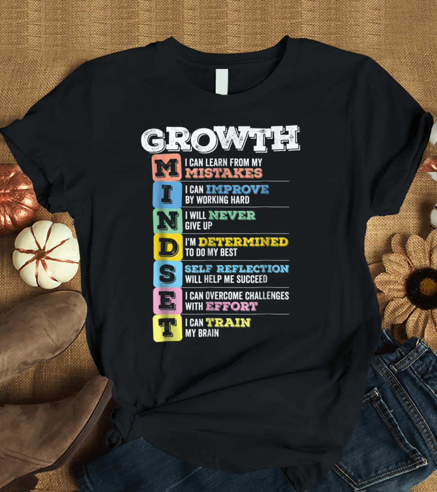 Growth Mindset I Can Learn Improve Never Determined Self Reflection Effort Train Brain T-Shirt