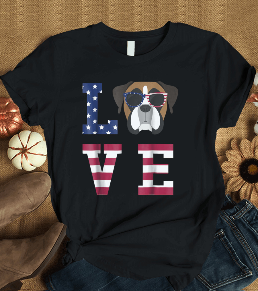 Patriotic Boxer Dog Love Stars and Stripes 4th Of July T-Shirt