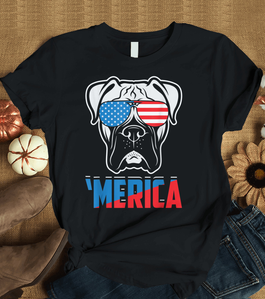 Boxer Dog 'Merica USA Flag Sunglasses Patriot T-Shirt