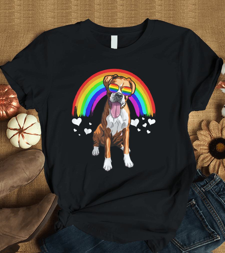 Boxer Dog with Rainbow Sunglasses and Hearts Pride LGBT T-Shirt