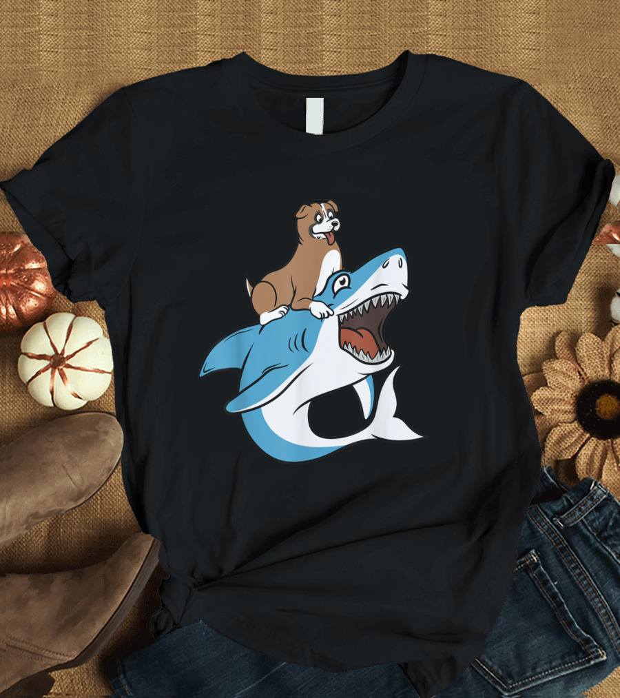 Boxer Dog Riding Giant Shark T-Shirt