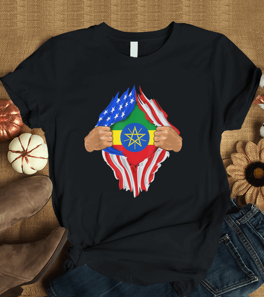 Ethiopian Blood Inside Me Ethiopian Flag American Flag Fusion T-Shirt