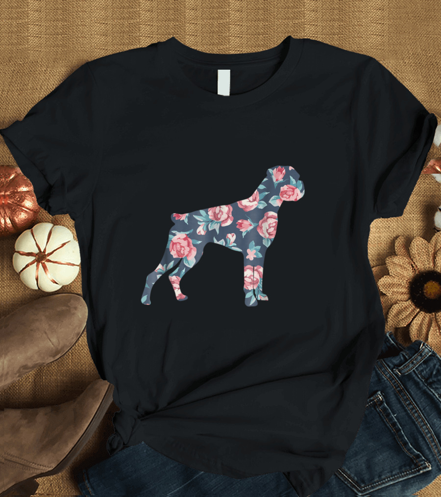 Boxer Dog Silhouette with Floral Roses Pattern Love T-Shirt