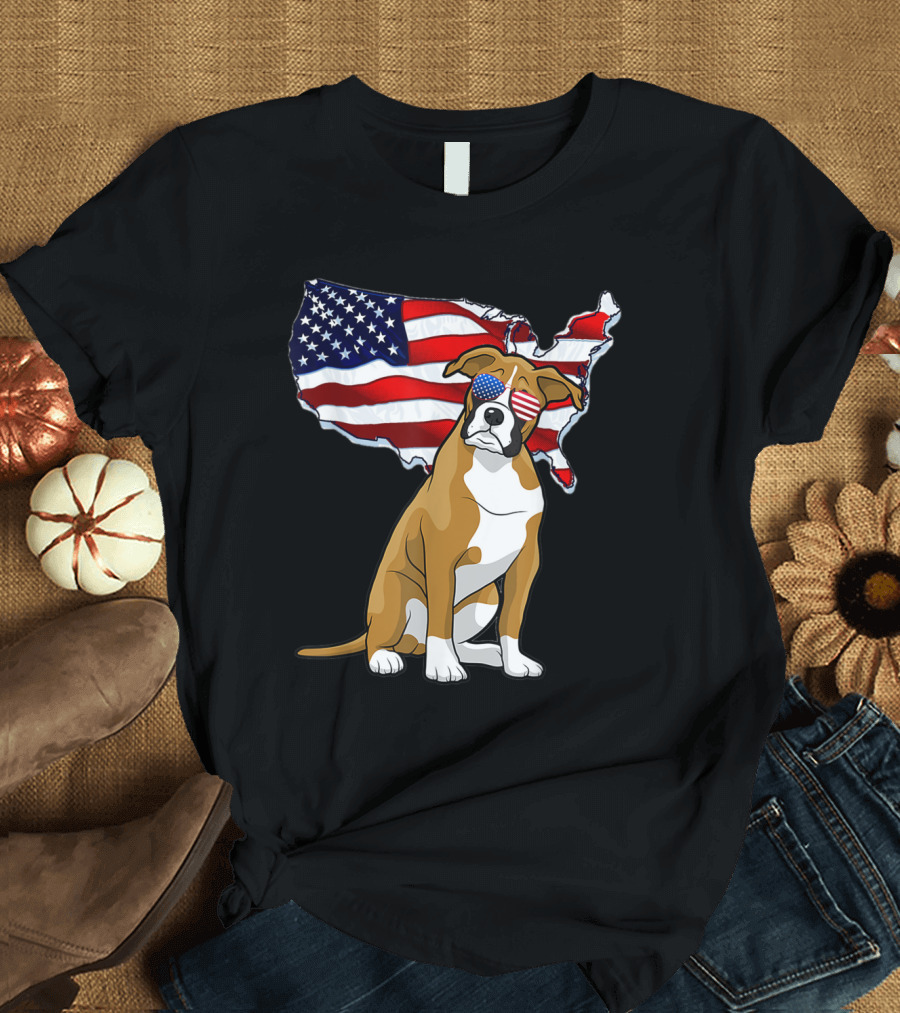 Boxer Funny Puppy Dog American Flag USA Patriotic Glasses T-Shirt