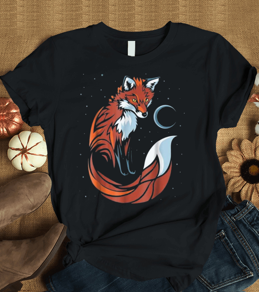 Tribal Tail Fox with Crescent Moon and Starry Night Motif T-Shirt