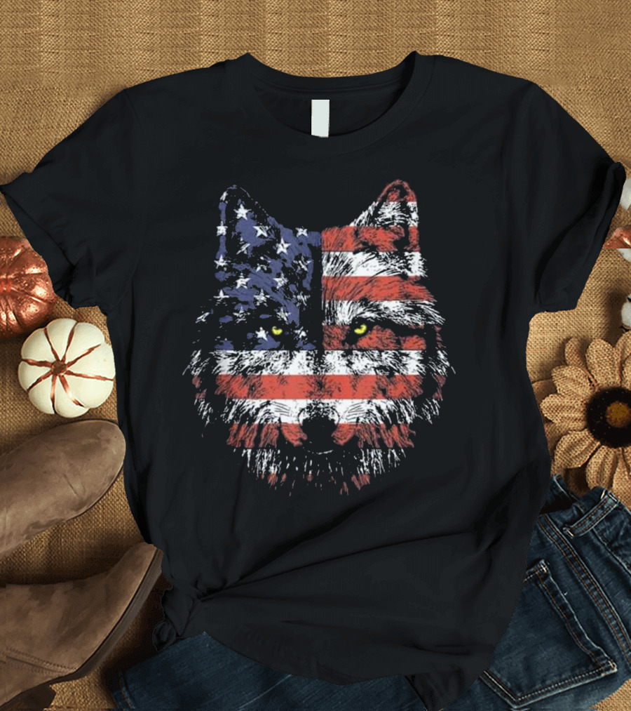 Wolf Face American Flag July T-Shirt