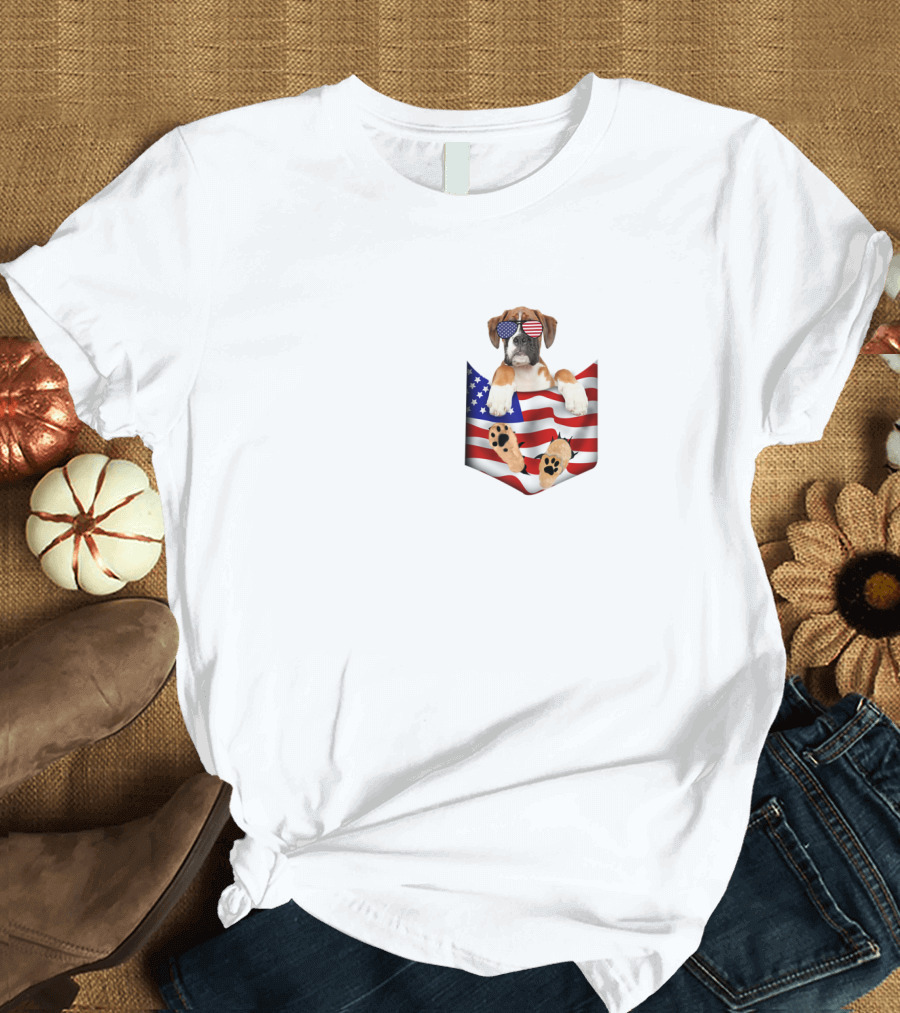 Boxer Puppy Wearing American Flag Sunglasses Sitting in Flag Pocket 4th of July T-Shirt