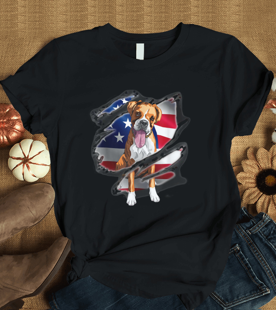 Boxer Dog Inside American Flag 4th Of July Independence Day T-Shirt