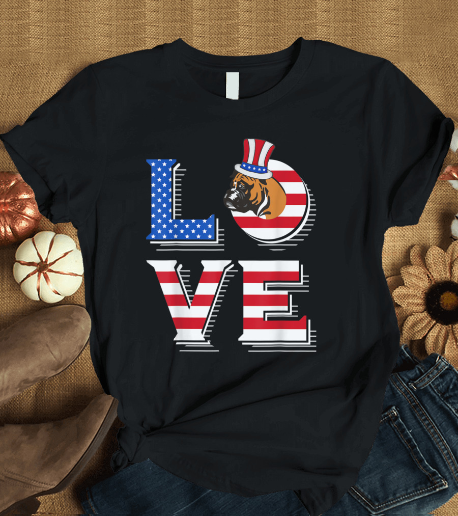 Boxer Love American Flag Patriotic Fourth Of July T-Shirt