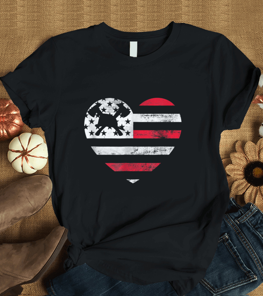 I Love My Firefighter Girlfriend Heart American Flag Axe Stars Stripes T-Shirt