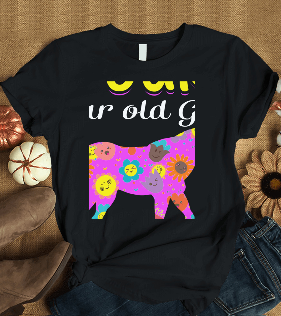 Four Year Old Girl Loves Horses with Colorful Smiling Flowers T-Shirt