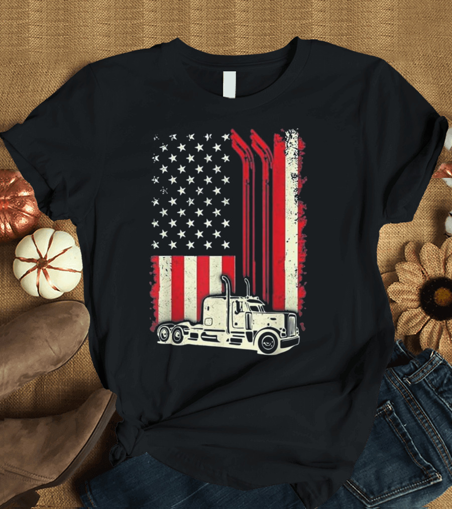 American Flag with Semi-Truck Exhaust Pipes T-Shirt