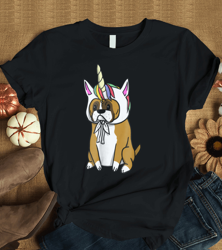 Boxer Unicorn Funny Dog Costume with Rainbow Horn and Ears T-Shirt
