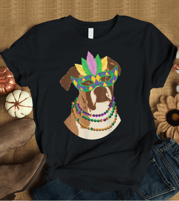 T-Shirt: Boxer Dog Wearing Mardi Gras Mask and Beaded Necklace T-Shirt Boxer Dog Wearing Mardi Gras Mask and Beaded Necklace T-Shirt