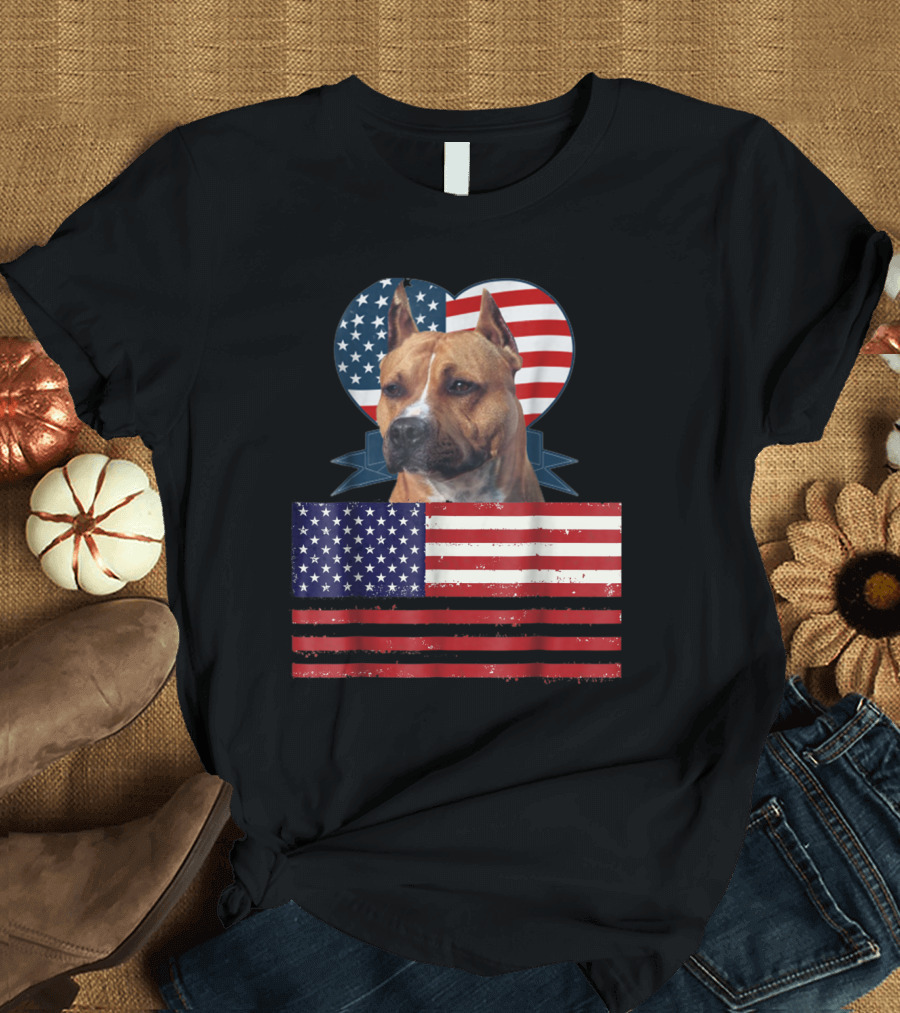 I Love My Pitbull American Flag Heart Duo T-Shirt