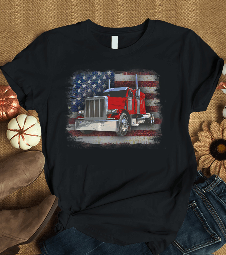 Trucker American Flag Red Semi Truck T-Shirt