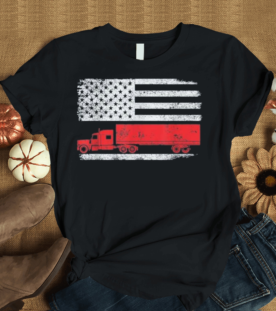 USA Flag Red Truck Trucker T-Shirt