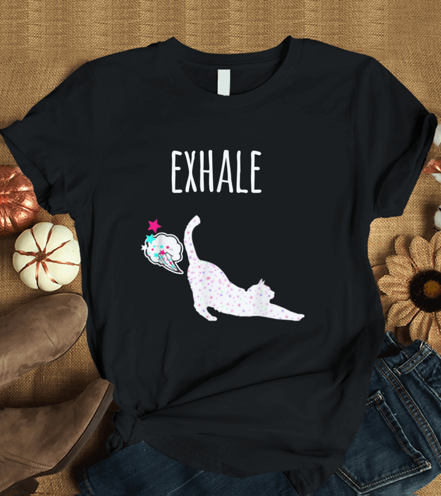 Exhale Cat Fart Funny Yoga Stretch with Stars and Colorful Clouds T-Shirt