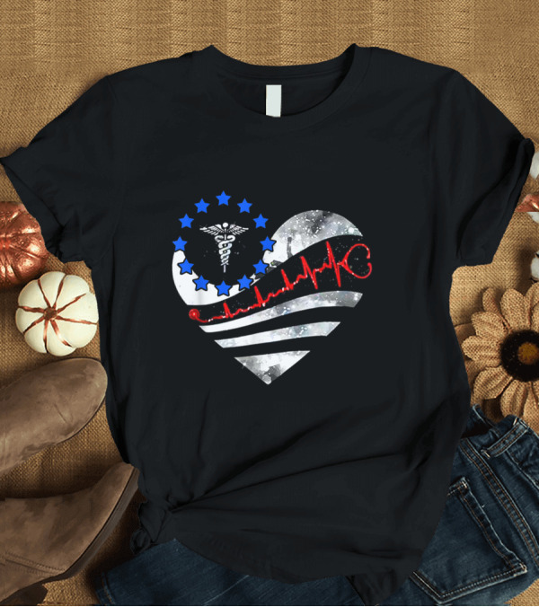 T-Shirt: Heart Shaped Nursing Caduceus Stars and Stripes with Red Heartbeat Line T-Shirt Heart Shaped Nursing Caduceus Stars and Stripes with Red Heartbeat Line T-Shirt
