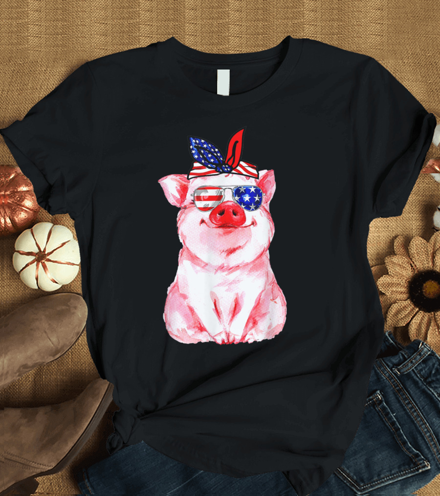 Cute Pig With American Flag Bandana and Sunglasses T-Shirt