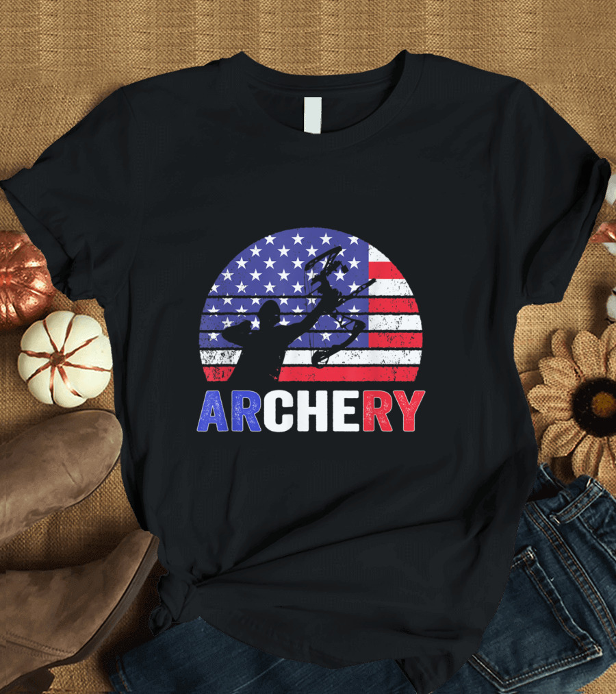 Archery Silhouette with US Flag for 4th of July T-Shirt