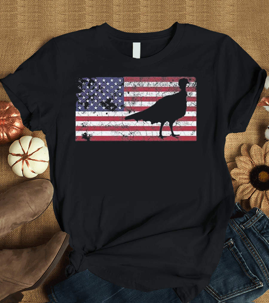 Turkey Hunting Silhouette with American Flag Background USA T-Shirt