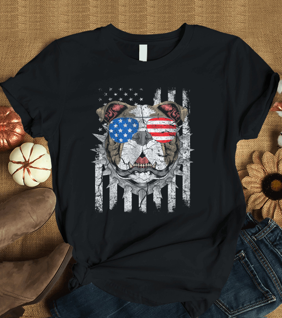 Bulldog Wearing American Flag Sunglasses with Spiked Collar on Distressed 4th of July Flag T-Shirt
