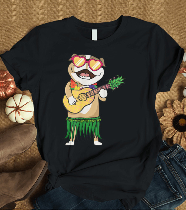 T-Shirt: Bulldog Hawaiian Costume Playing Ukulele Summer Hula Festive Look T-Shirt Bulldog Hawaiian Costume Playing Ukulele Summer Hula Festive Look T-Shirt