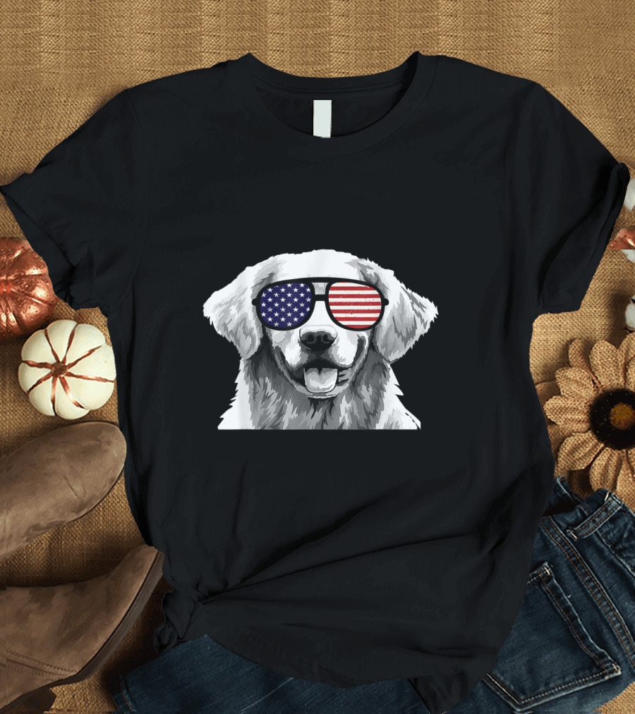 Patriotic Golden Retriever Dog with American Flag Sunglasses T-Shirt