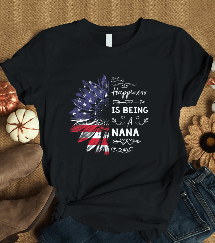 Happiness Is Being A Nana American Flag Sunflower T-Shirt